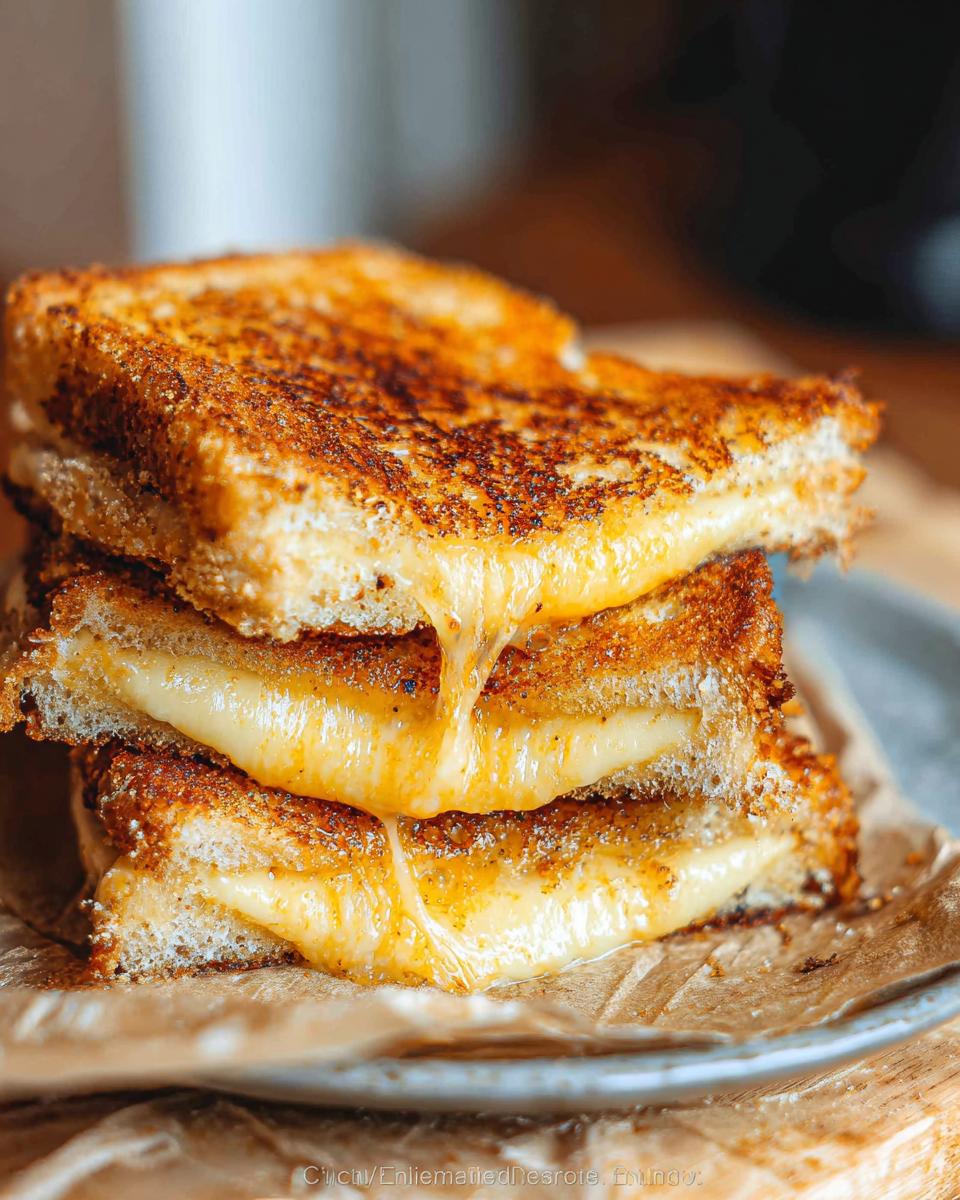 A stack of three golden-brown grilled cheese sandwiches with gooey melted cheese oozing out.