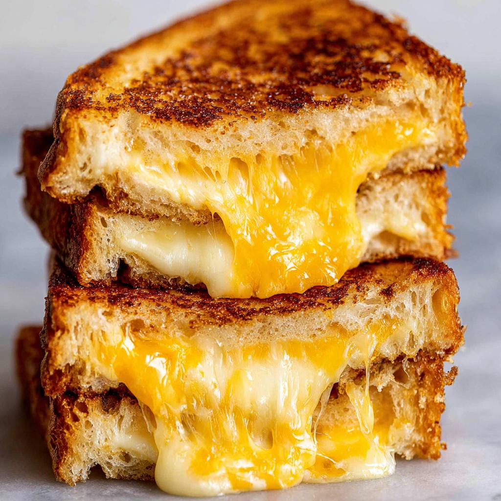 A stack of perfectly grilled cheese sandwiches with gooey, melted cheese oozing out.