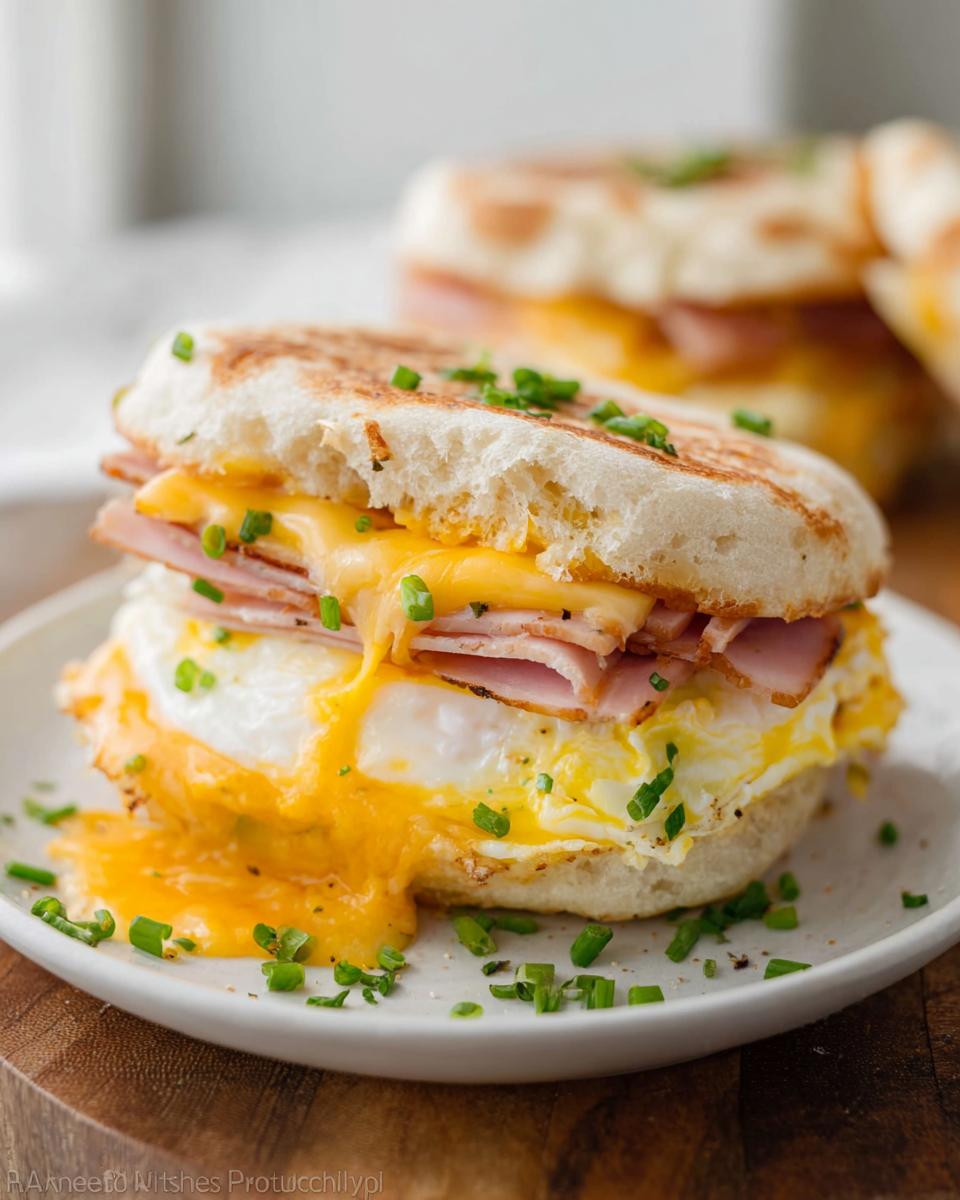 A close-up of a delicious ham and egg sandwich recipe on an English muffin with melted cheese and chives.