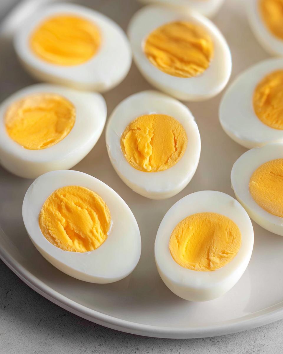 A plate of perfectly hard-boiled eggs, cut in half to reveal bright yellow yolks, ideal for healthy meal prep recipes.