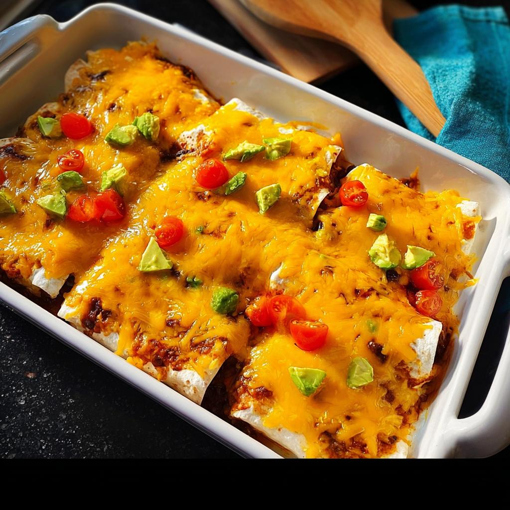 A white baking dish filled with cheesy enchiladas, topped with diced avocado and cherry tomatoes. Part of 25-Ingredient Healthy Meals Recipes.