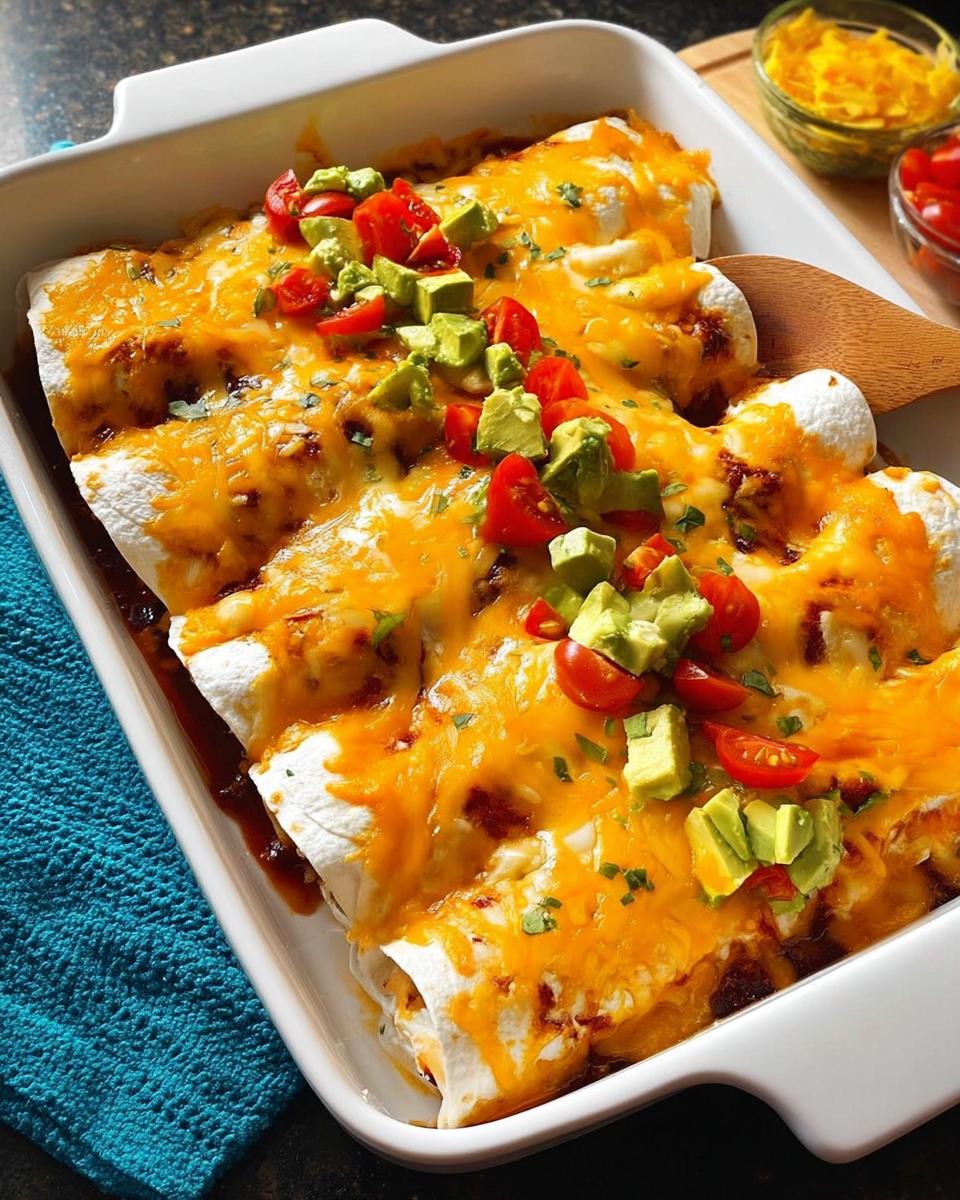 A baking dish filled with cheesy enchiladas topped with fresh avocado and cherry tomatoes, part of 25-Ingredient Healthy Meals Recipes.
