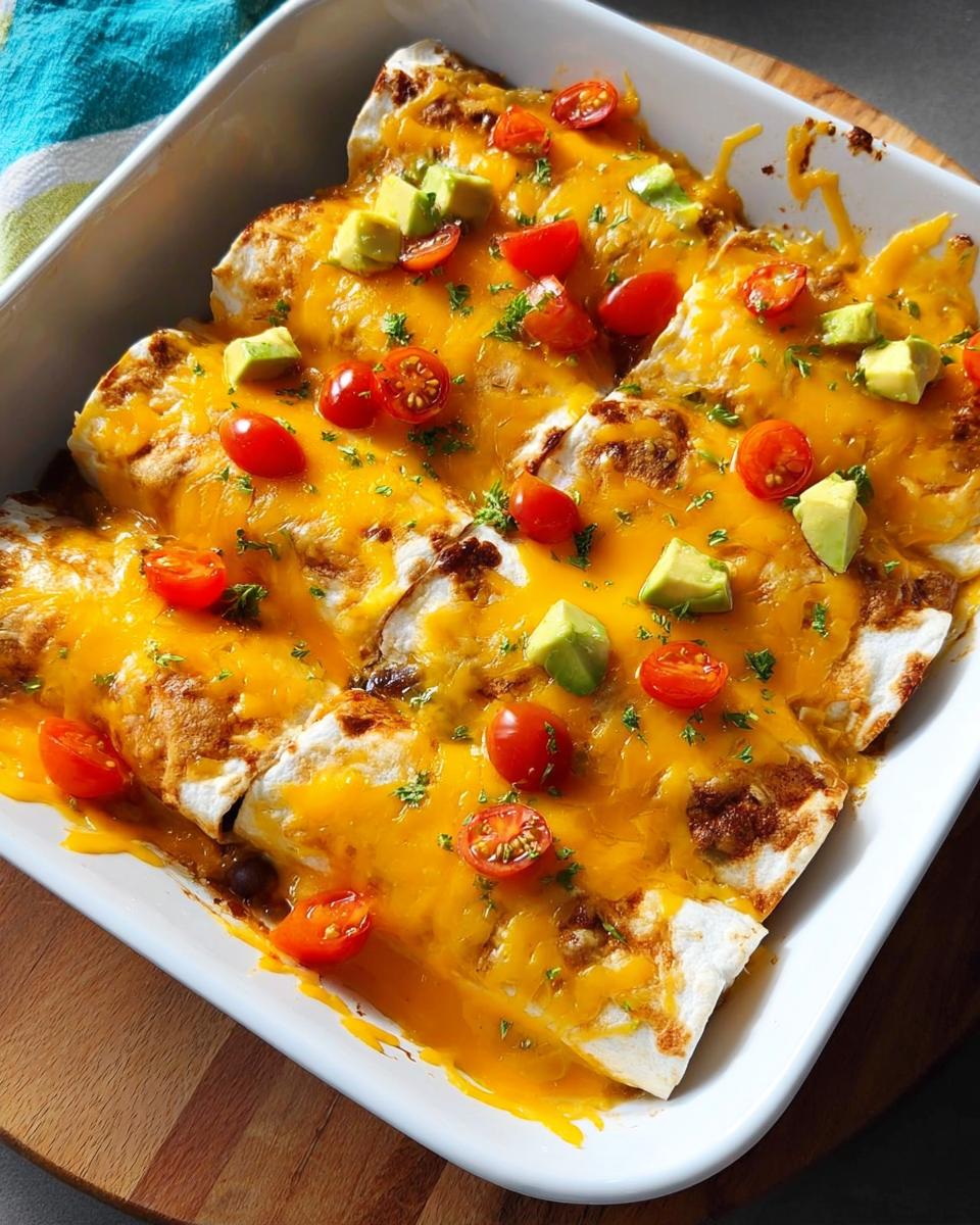 A pan of cheesy enchiladas topped with fresh avocado, cherry tomatoes, and parsley, part of 25-Ingredient Healthy Meals Recipes.
