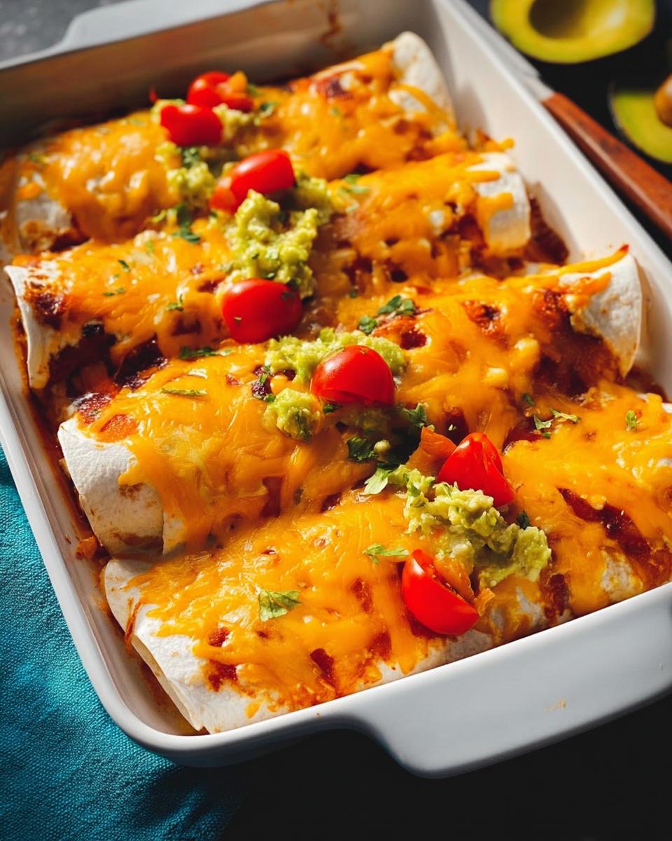 Close-up of baked enchiladas topped with melted cheese, guacamole, and cherry tomatoes, part of 25-Ingredient Healthy Meals Recipes.
