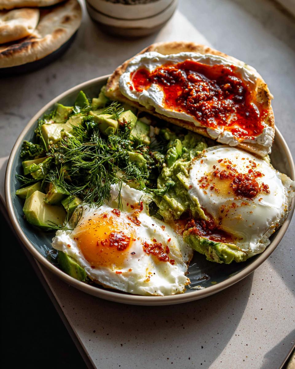 A healthy breakfast meal with fried eggs, avocado, herbs, and flatbread with a spicy topping.