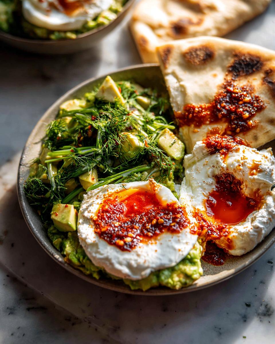 Healthy meal recipe featuring avocado toast topped with poached eggs, chili oil, and fresh dill.