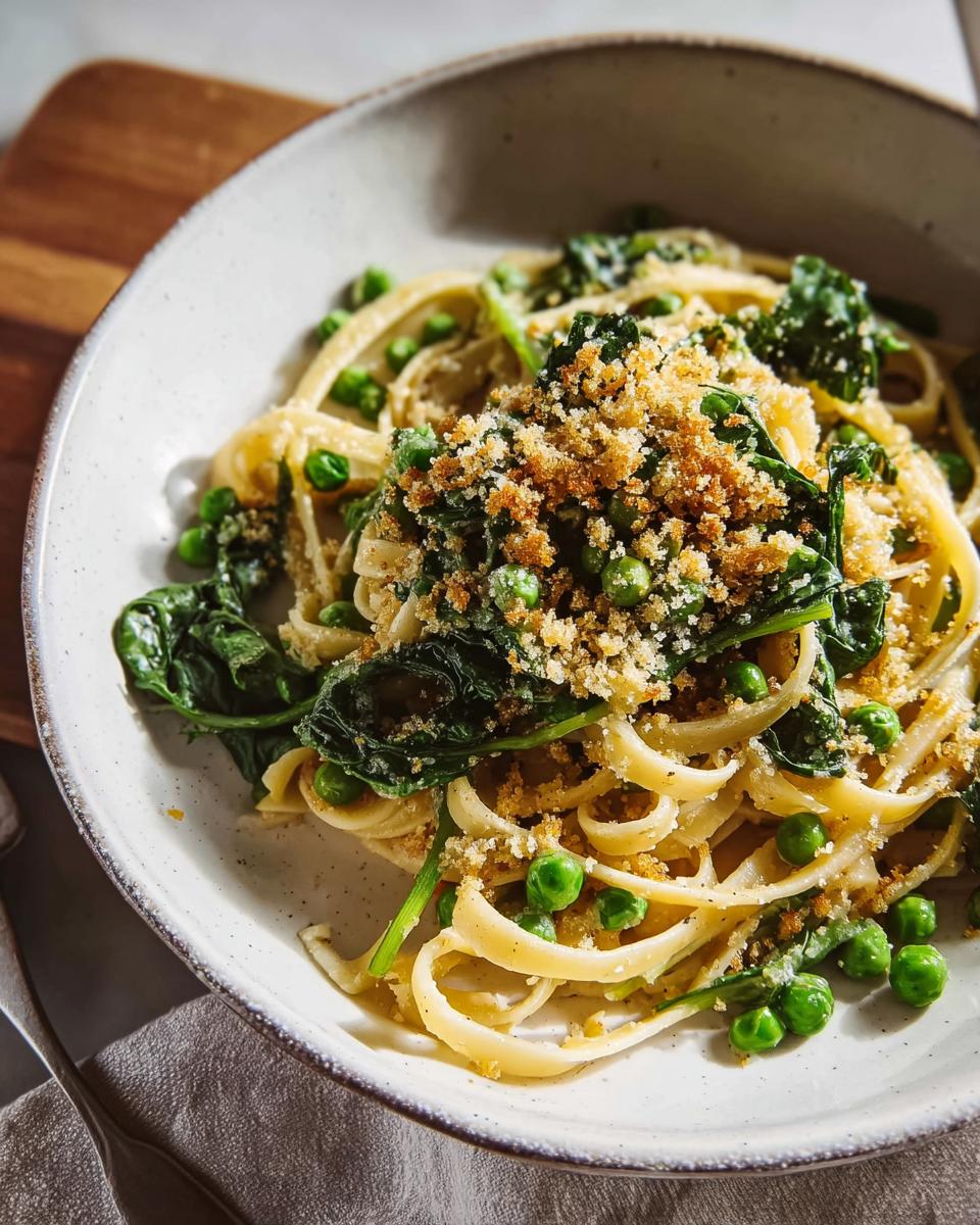 A bowl of fettuccine pasta with fresh peas, wilted spinach, and toasted breadcrumbs, a quick and healthy meal.