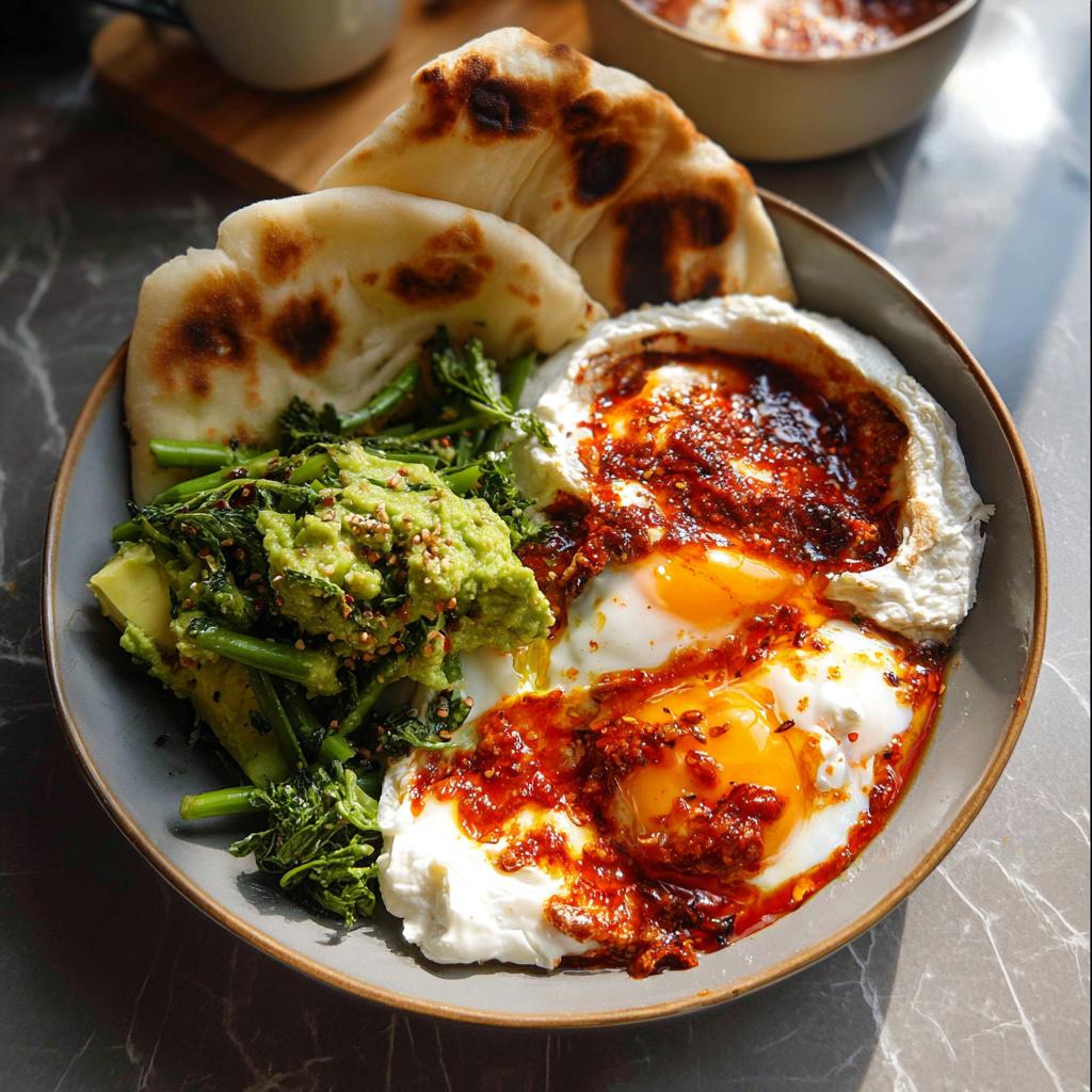 A healthy meal recipe featuring fried eggs with chili oil, mashed avocado with greens, and warm naan bread.