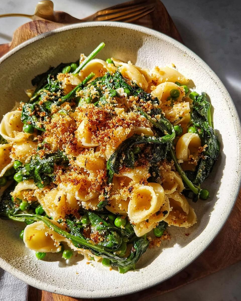 A bowl of orecchiette pasta with peas and wilted greens, topped with toasted breadcrumbs. A perfect example of healthy meals recipes.