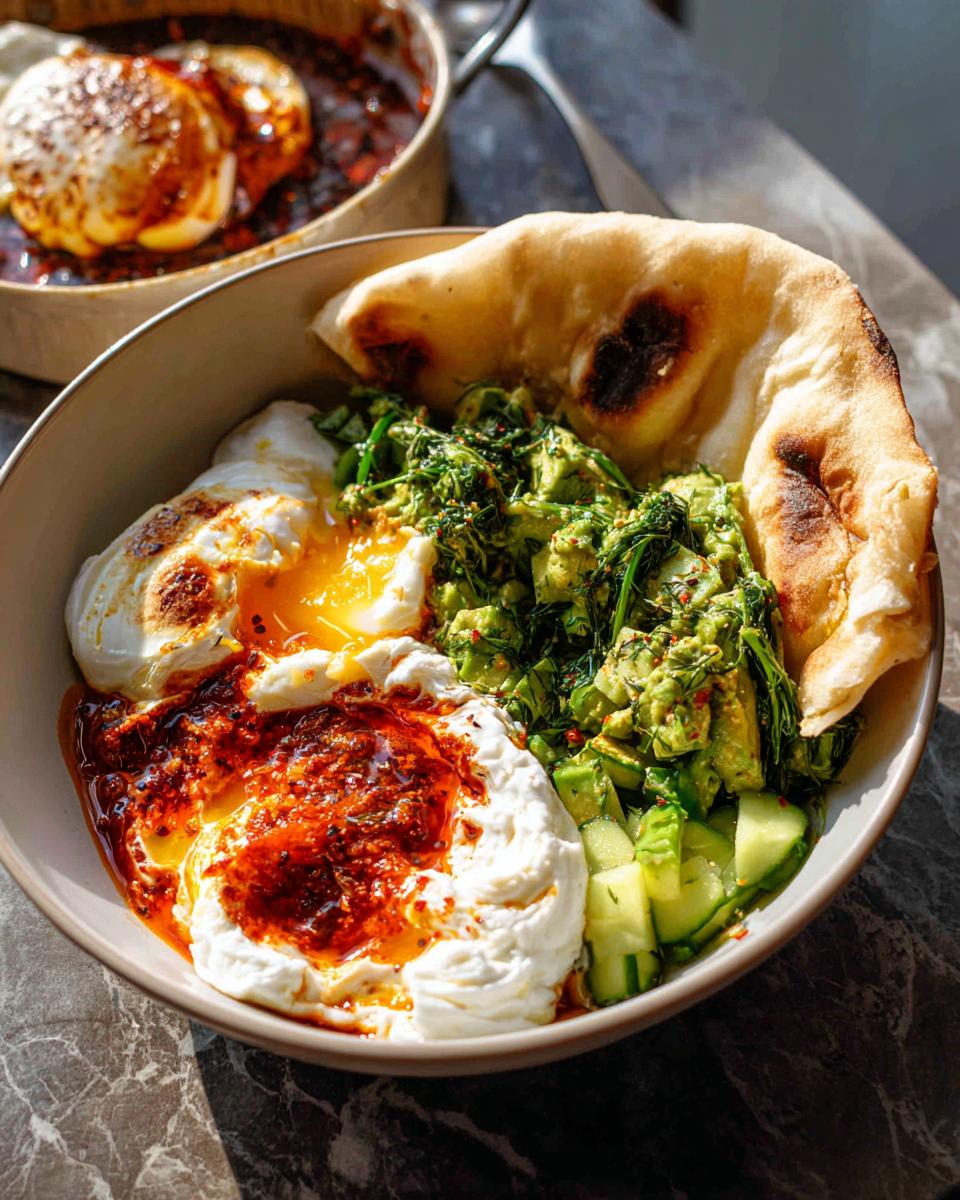 A healthy meal recipe featuring poached eggs with runny yolks, avocado, cucumber, and a piece of pita bread.