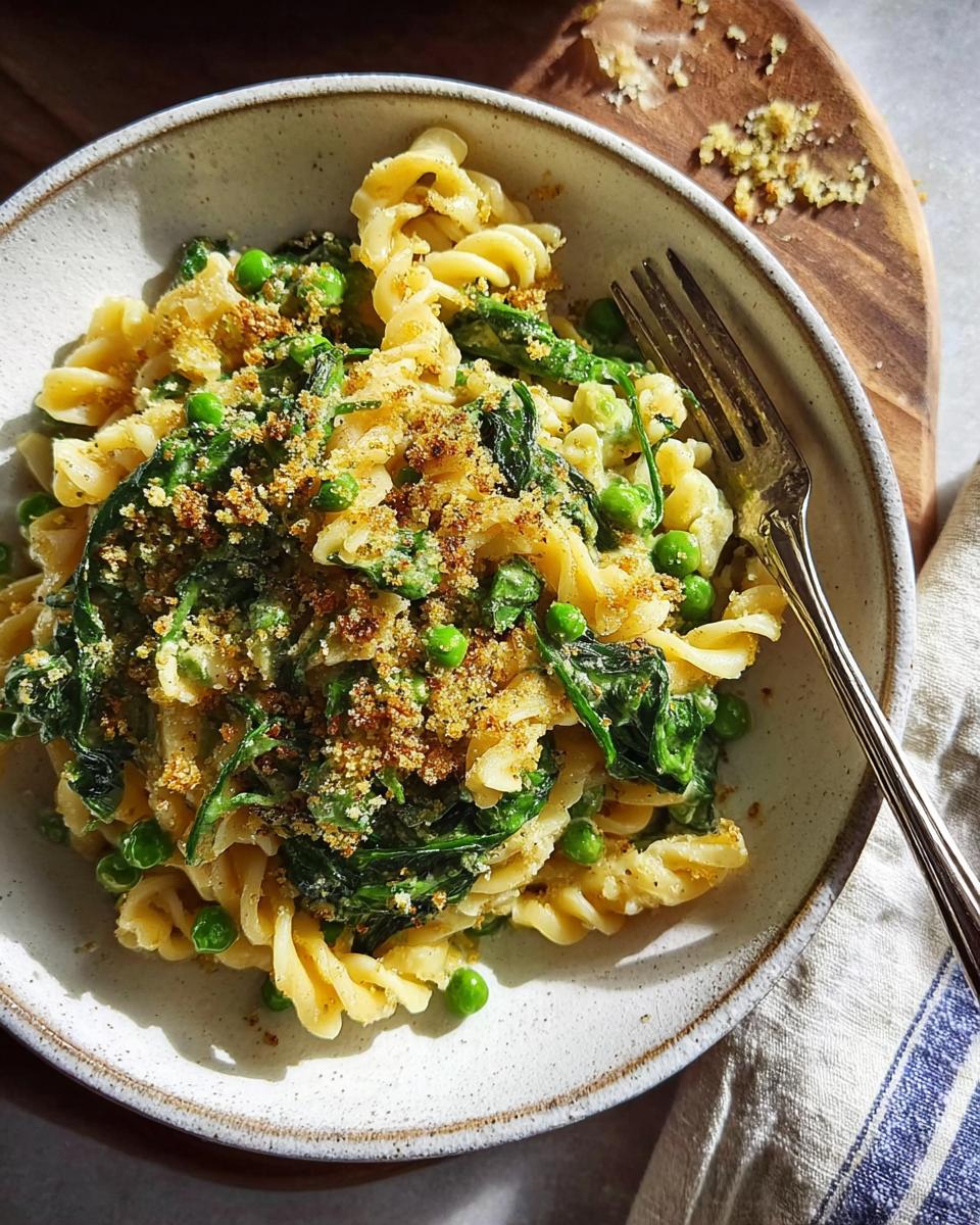 A bowl of creamy pasta with peas, spinach, and toasted breadcrumbs, perfect for healthy meals recipes.