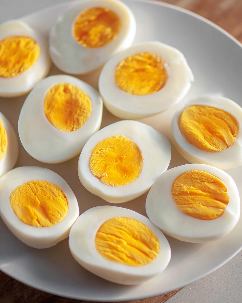 A plate of perfectly boiled eggs, cut in half, showcasing their vibrant yellow yolks. Ideal for healthy meals recipes meal prep.