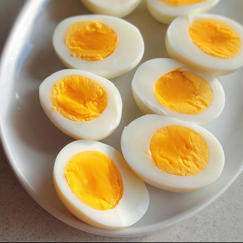 A plate of perfectly cooked hard-boiled eggs, halved to show bright yellow yolks, ideal for healthy meals and meal prep.