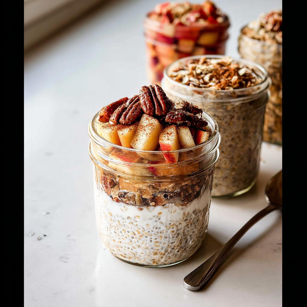Overnight oats in a mason jar, topped with apples, pecans, and cinnamon, part of healthy meals recipes.