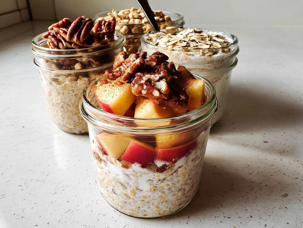 Overnight oats in glass jars, topped with apples, pecans, and cinnamon, showcasing healthy meals recipes.