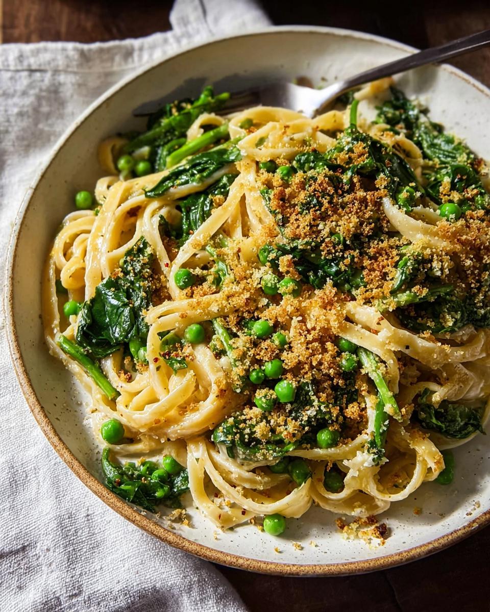 A bowl of pasta with peas and spinach, topped with breadcrumbs, representing healthy meals recipes.