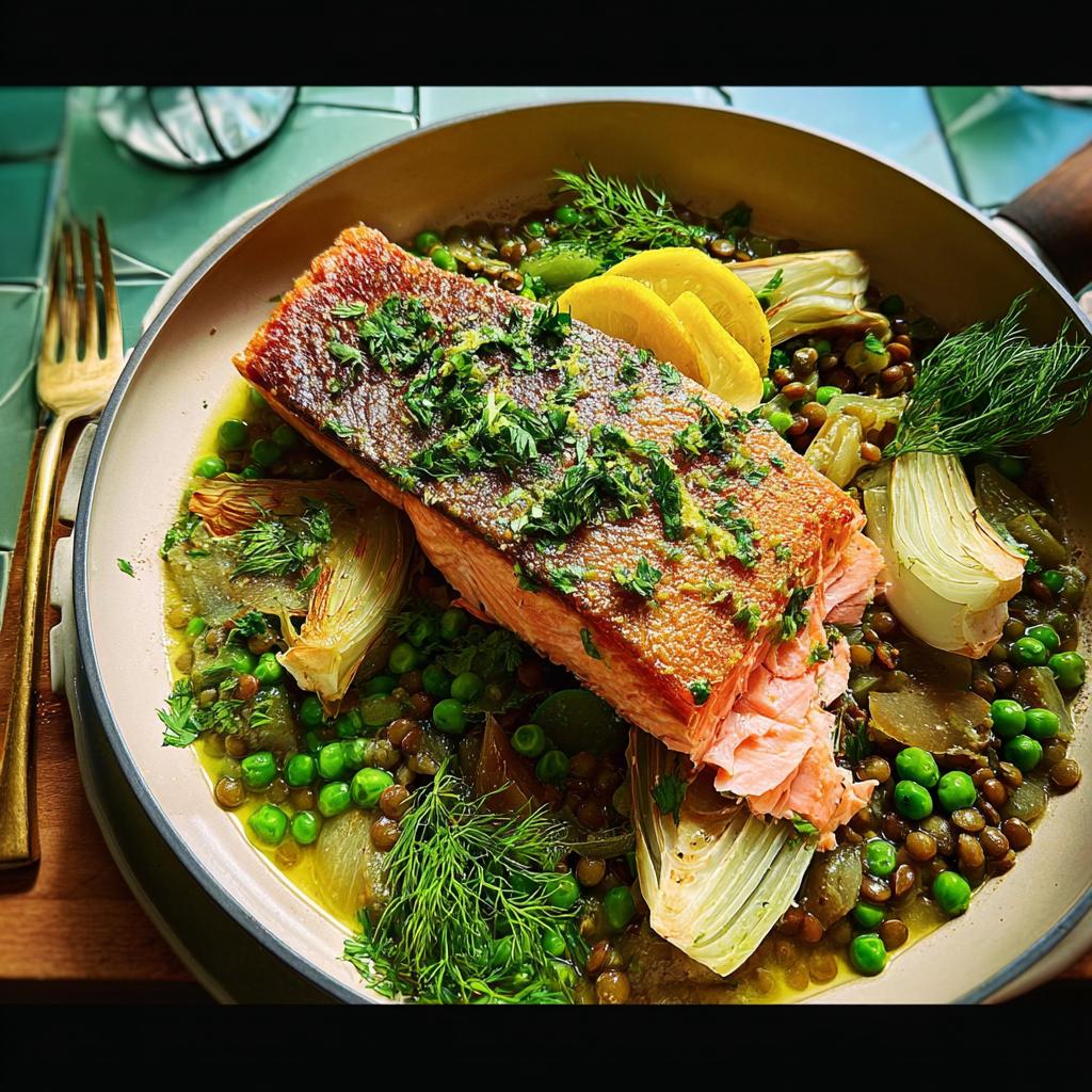 A beautifully plated healthy salmon fillet served over lentils, peas, and fennel, a perfect addition to The Ultimate Healthy Meals Recipes Guide for Beginners.