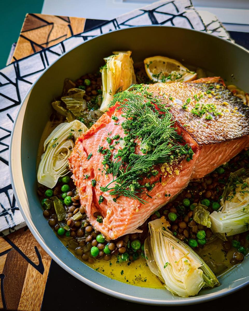 A healthy meal featuring a salmon fillet with crispy skin served over lentils, peas, fennel, and lemon slices.
