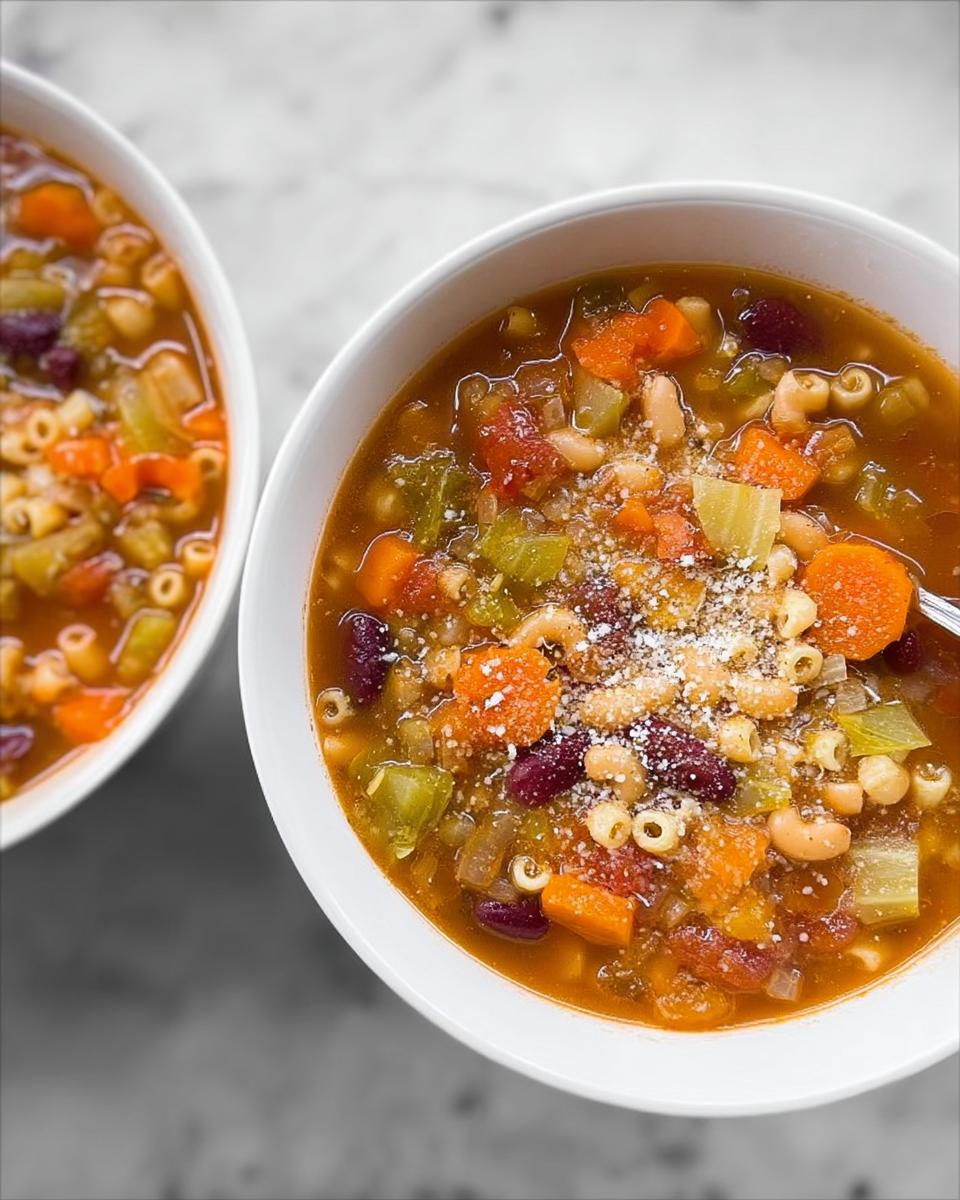 Two bowls of hearty vegetable soup, packed with pasta, beans, carrots, and celery, sprinkled with Parmesan cheese.