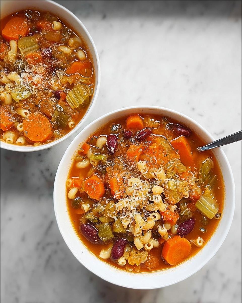 Two bowls of hearty vegetable soup recipe, filled with pasta, beans, carrots, and celery, topped with grated cheese.