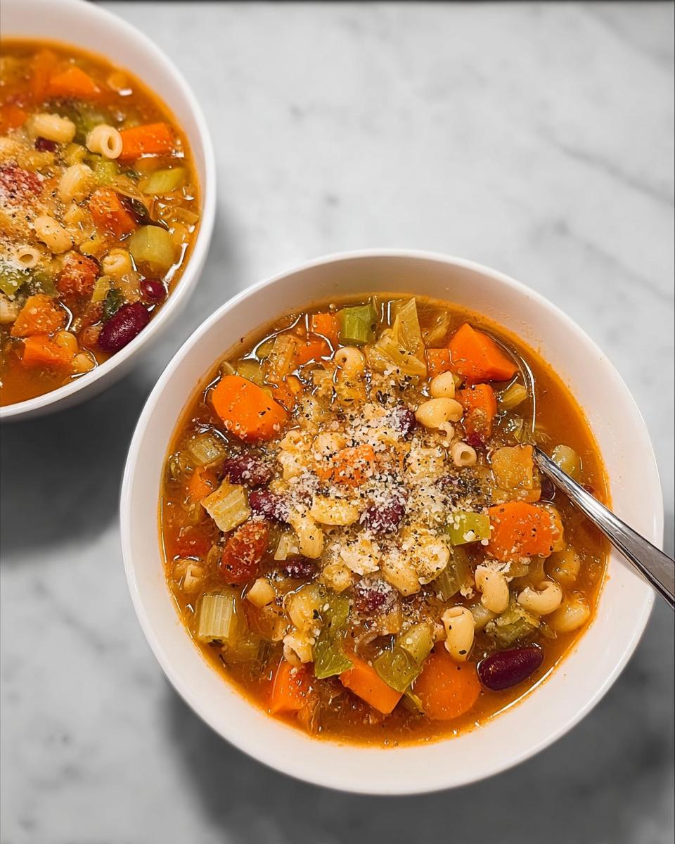 Two bowls of hearty vegetable soup with pasta, beans, carrots, and celery, topped with grated cheese.