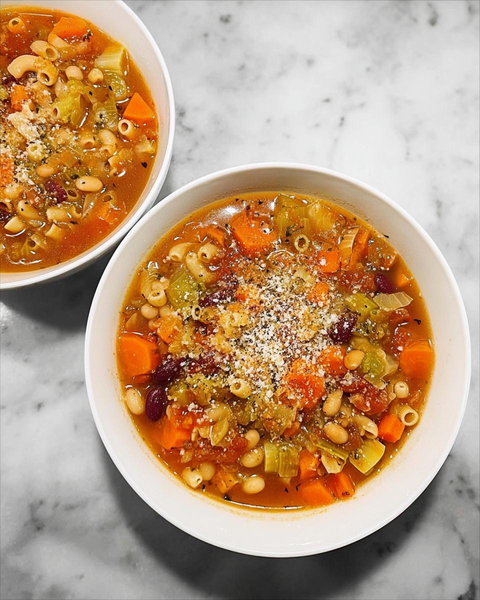 Two bowls of hearty vegetable soup recipes, filled with pasta, beans, carrots, and celery, topped with grated cheese.