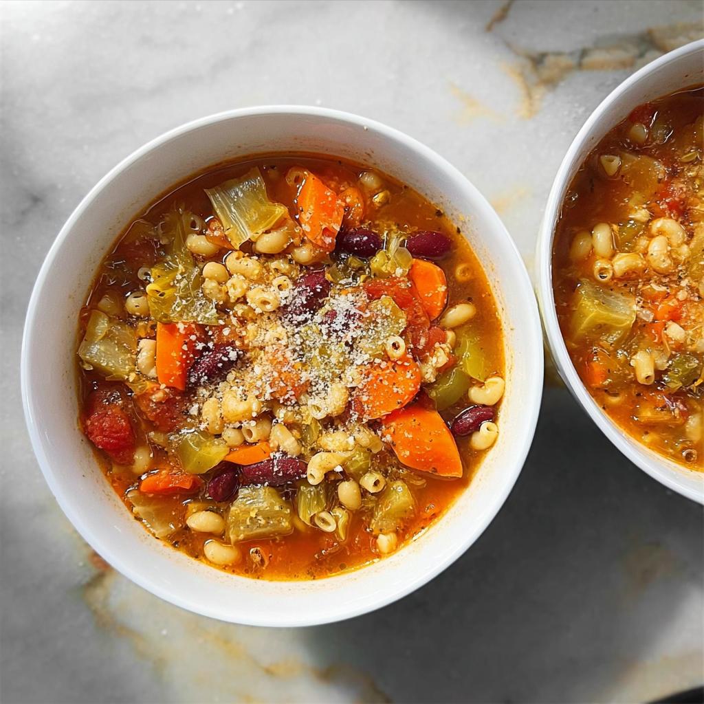 Two bowls of hearty vegetable soup recipes, packed with pasta, beans, carrots, and celery, topped with grated Parmesan cheese.