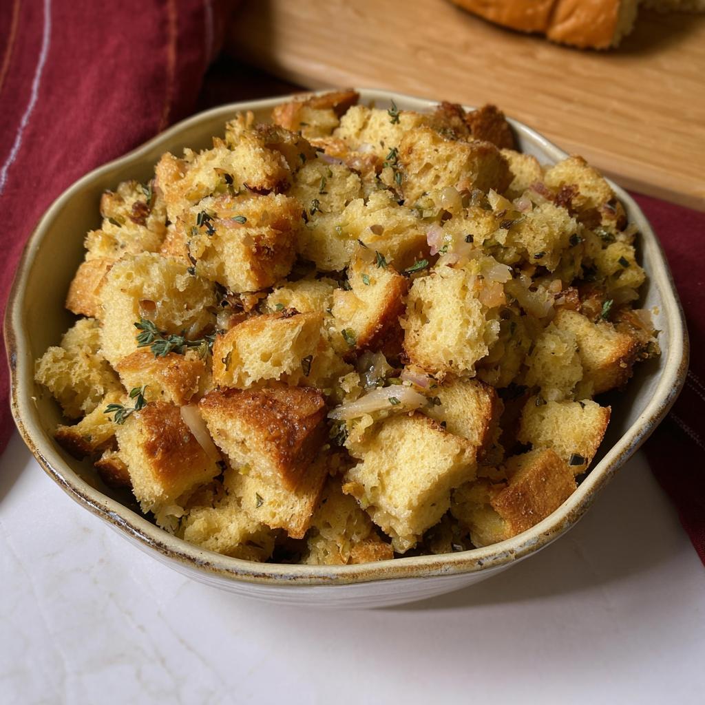 A close-up of a bowl filled with homemade stuffing, featuring cubed bread, herbs, and onions.