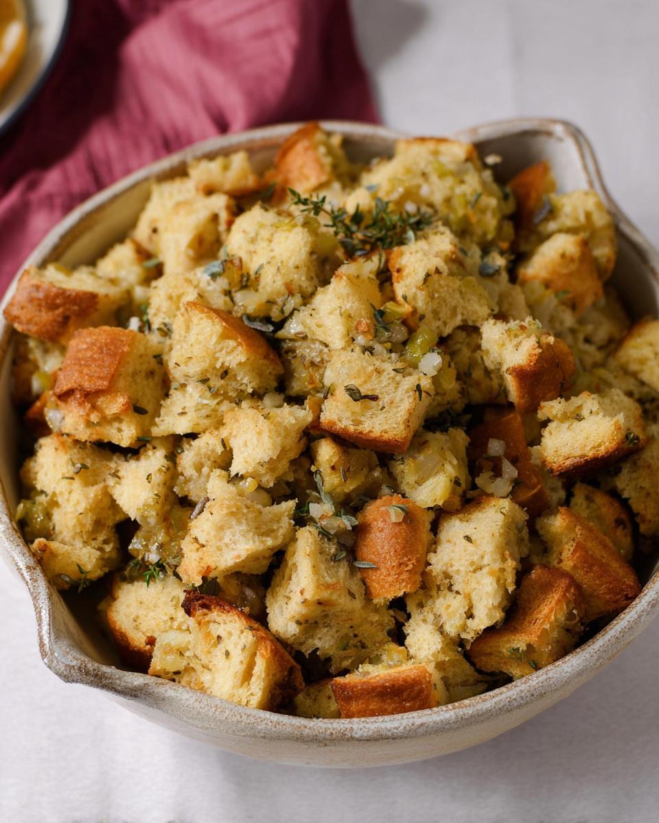 A close-up of a rustic bowl filled with homemade stuffing, featuring cubes of bread, herbs, and vegetables.
