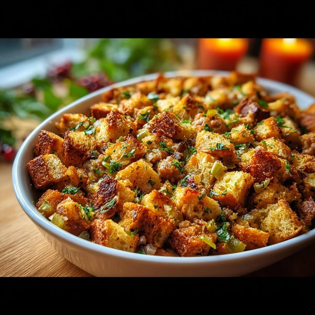 Close-up of a white bowl filled with golden-brown homemade stuffing, garnished with fresh parsley.