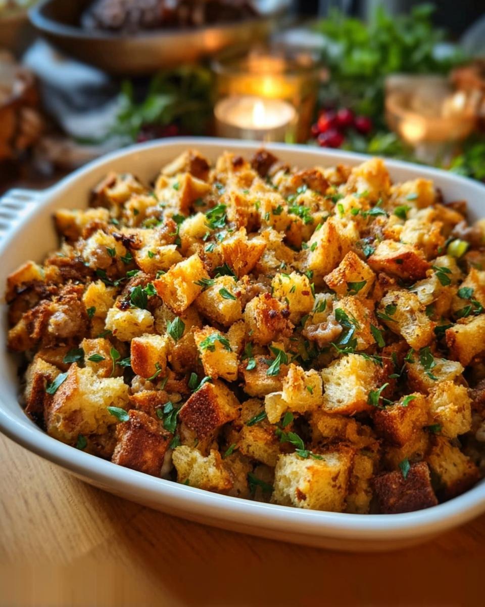 A close-up of a white baking dish filled with golden brown, homemade stuffing, garnished with fresh parsley.