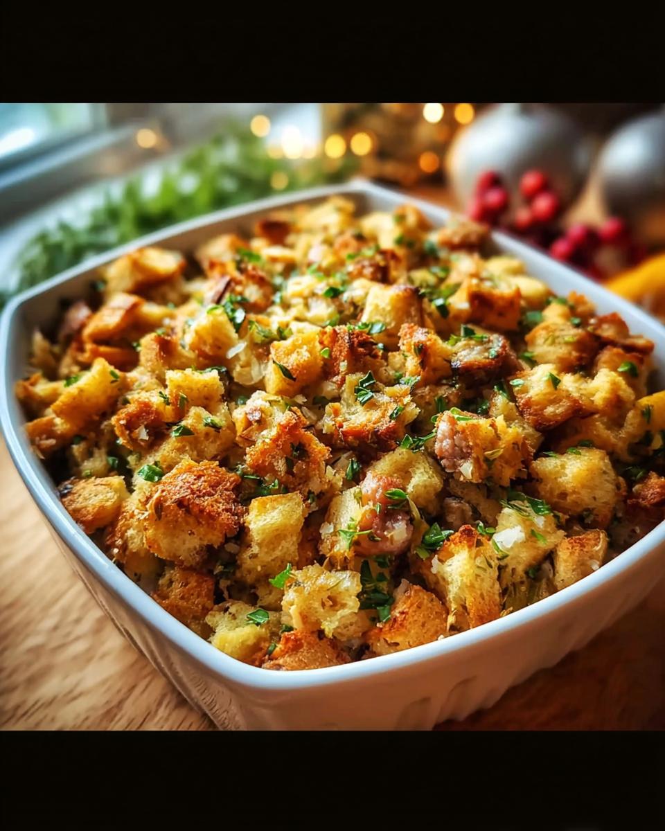 Close-up of a white baking dish filled with golden brown homemade stuffing, garnished with fresh parsley.