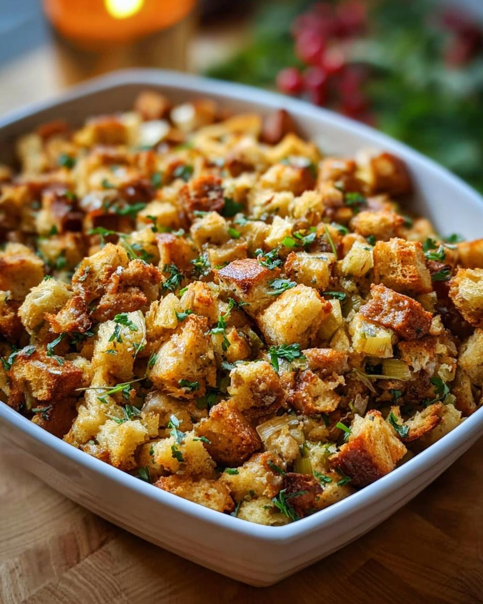 A close-up of a white baking dish filled with golden-brown homemade stuffing, garnished with fresh parsley.