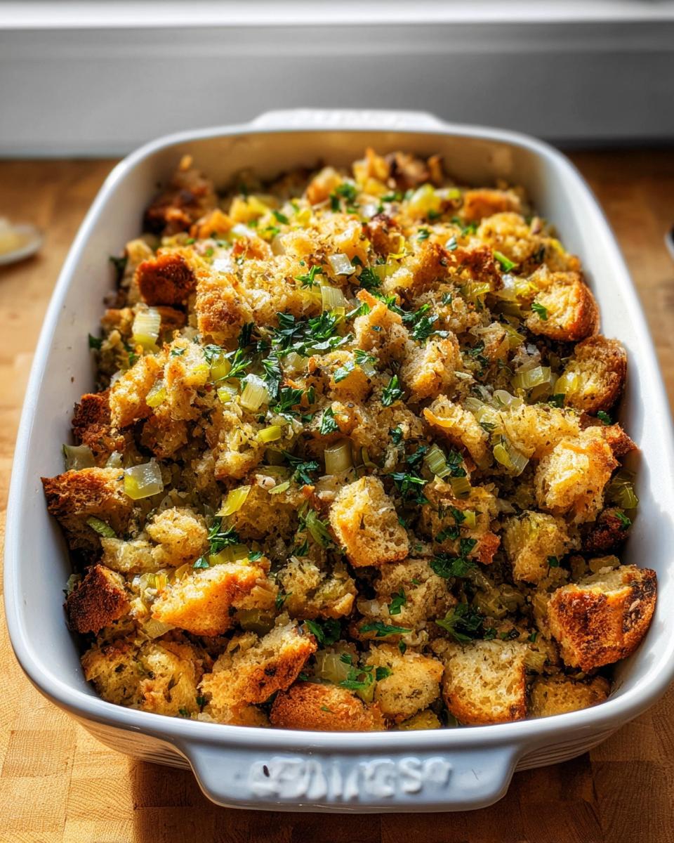 A close-up shot of a white baking dish filled with golden-brown homemade stuffing, garnished with fresh parsley.