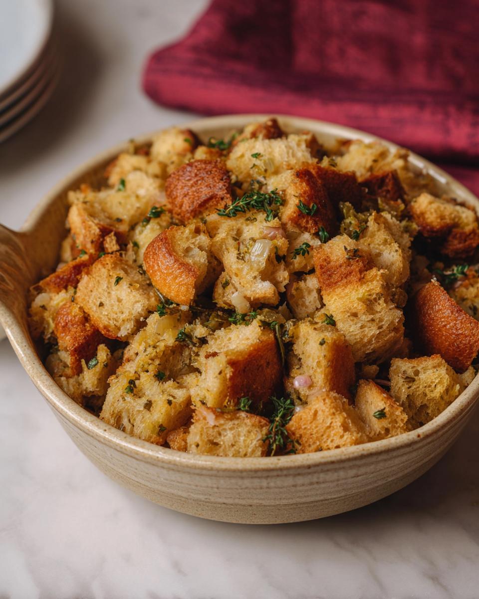 A close-up shot of a rustic bowl filled with golden-brown bread cubes, herbs, and aromatics, showcasing a classic stuffing recipe.