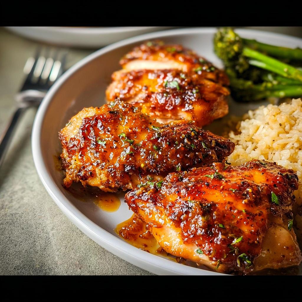 Close-up of honey mustard chicken thighs, a perfect addition to easy dinner recipes, served with rice and broccoli.