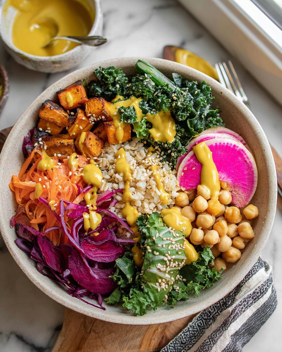 A vibrant and healthy rice bowl recipe with roasted sweet potatoes, kale, chickpeas, shredded carrots, and purple cabbage, drizzled with a yellow sauce.