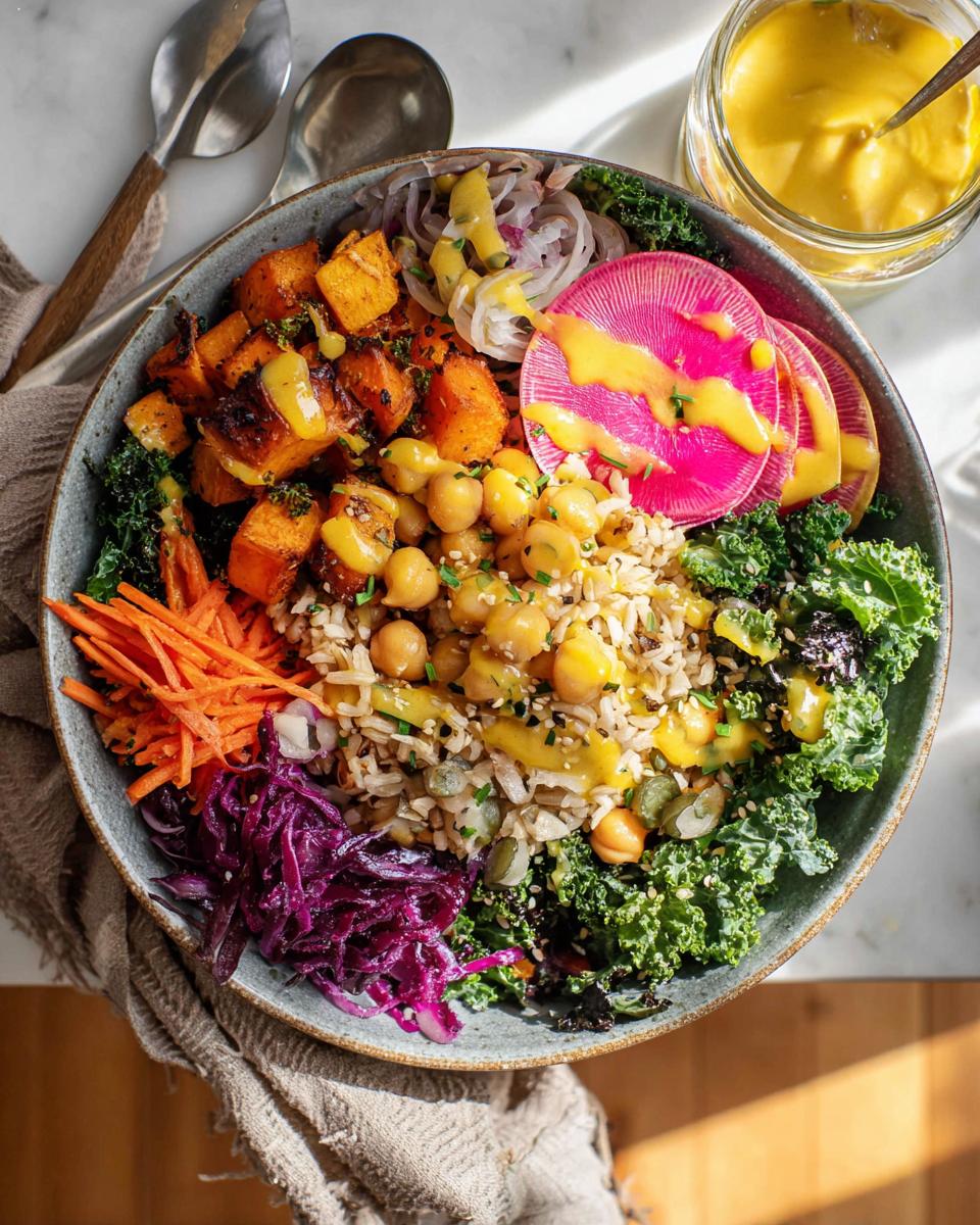 A vibrant and healthy rice bowl recipe with brown rice, roasted sweet potatoes, chickpeas, kale, shredded carrots, red cabbage, and watermelon radish.