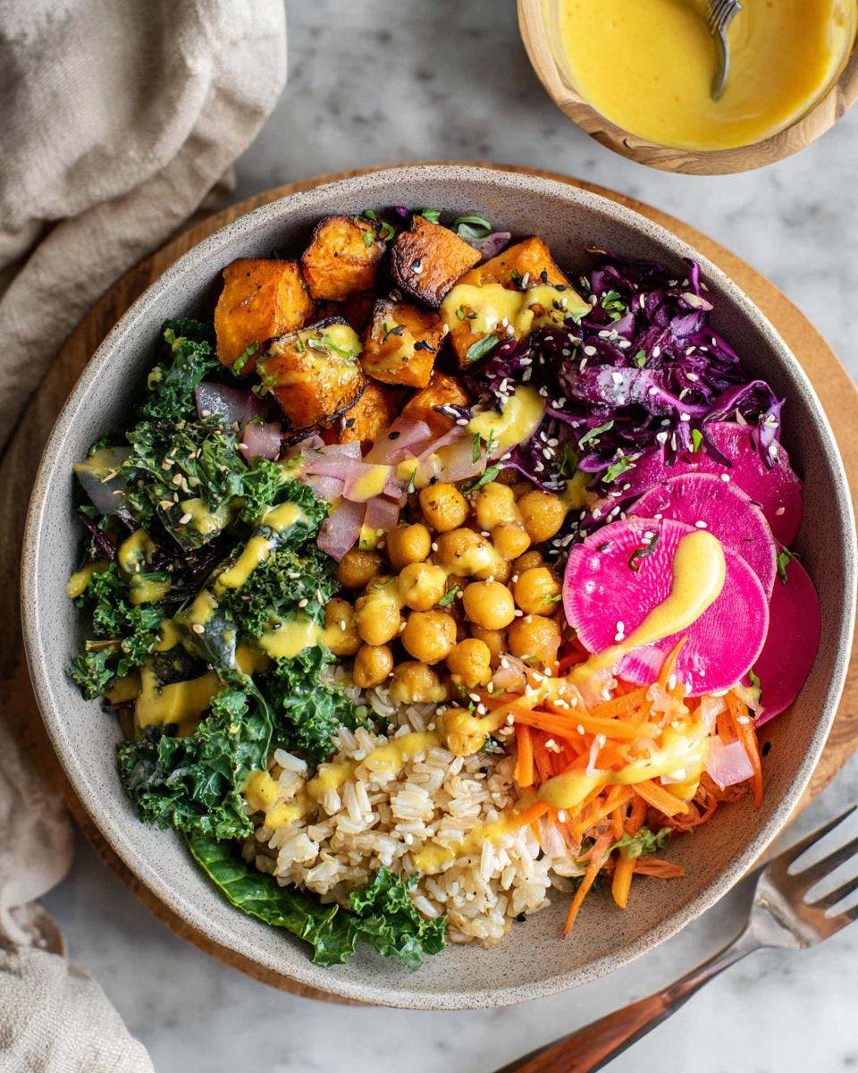 A vibrant and healthy rice bowl recipe filled with roasted sweet potatoes, chickpeas, kale, shredded carrots, red cabbage, and radishes, drizzled with a yellow dressing.