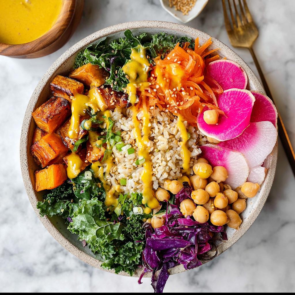 A vibrant and healthy rice bowl recipe with brown rice, roasted sweet potatoes, kale, carrots, chickpeas, and radish.