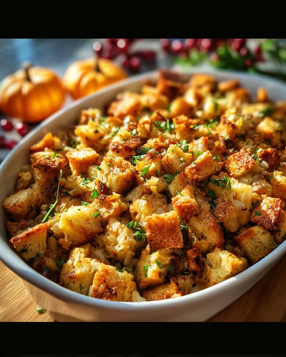A close-up of a white baking dish filled with golden brown stuffing, garnished with fresh parsley. Learn how to make stuffing recipes like a pro.