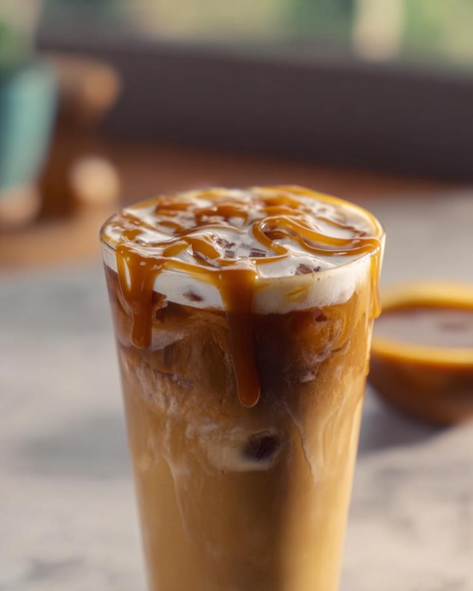 Close-up of an iced caramel macchiato with whipped cream and caramel drizzle, a perfect Starbucks drink recipe.