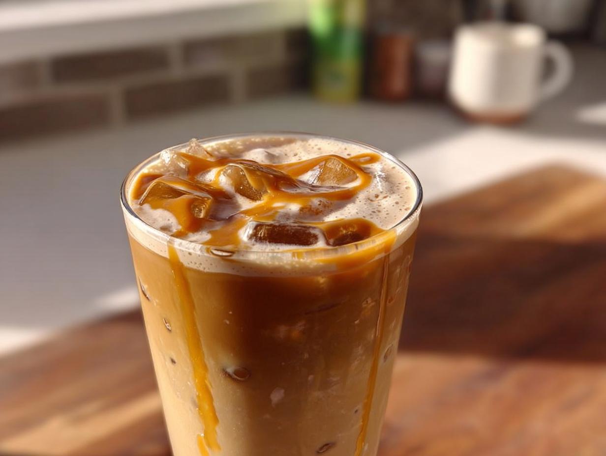 A tall glass of iced caramel macchiato with caramel drizzle and ice, perfect for Starbucks drinks recipes.