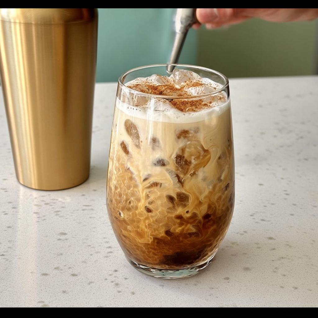 Close-up of a refreshing iced coffee drink with swirls of cream and a sprinkle of cinnamon, perfect for Starbucks Drinks Recipes.