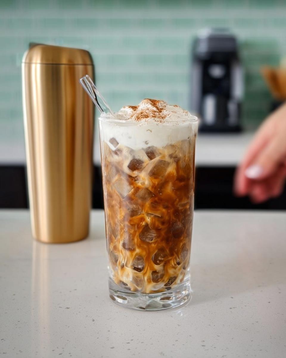 A refreshing iced coffee drink with whipped cream and cinnamon, perfect for Starbucks Drinks Recipes.