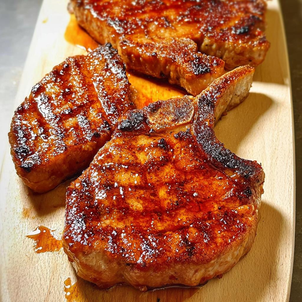 Close-up of three juicy, grilled pork chops with grill marks, glistening with sauce.