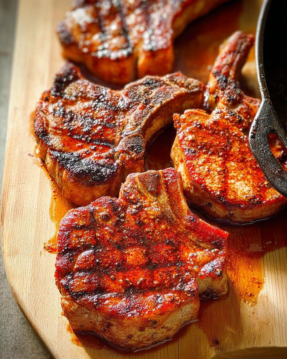 Close-up of juicy pan-seared pork chops with grill marks, seasoned and resting on a wooden board.