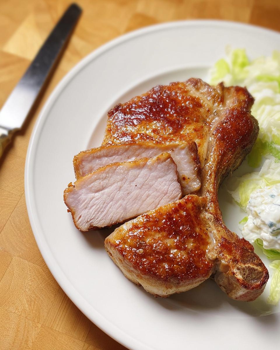 Close-up of perfectly cooked juicy pork chops, sliced to reveal tender meat, served with a side of lettuce.