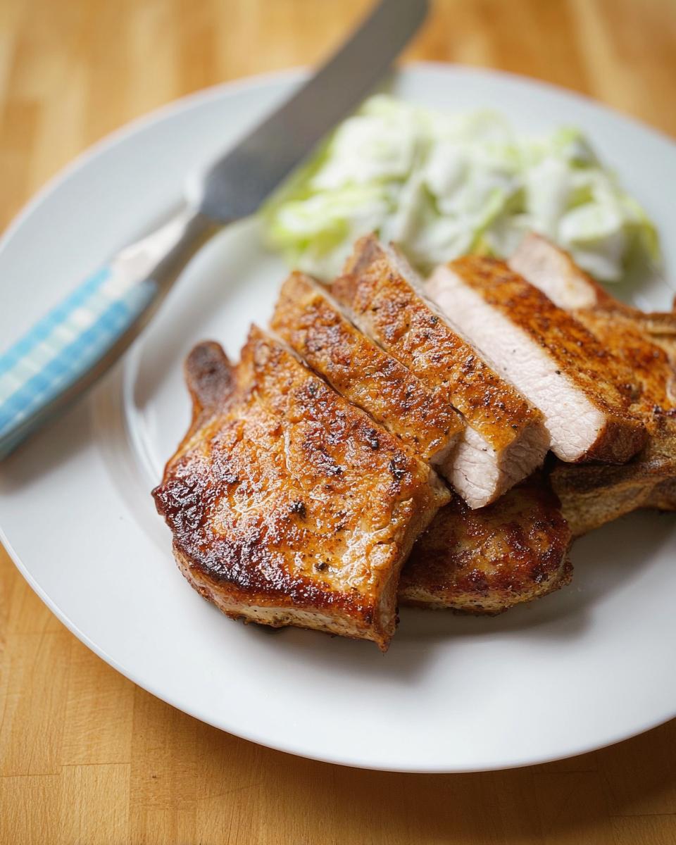 A plate of perfectly cooked and sliced pork chops, served with a side of coleslaw and a knife.