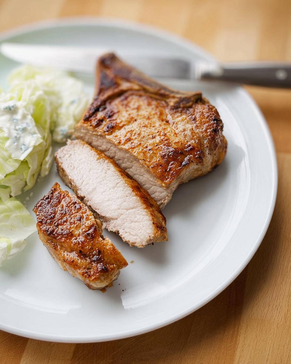 A perfectly cooked pork chop, sliced to show its juicy interior, served with a side of coleslaw.